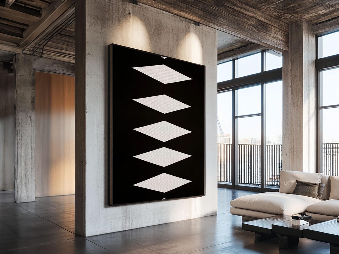 White Diamonds Black Background Southwestern Aztec Geometric Art Print - Image 2