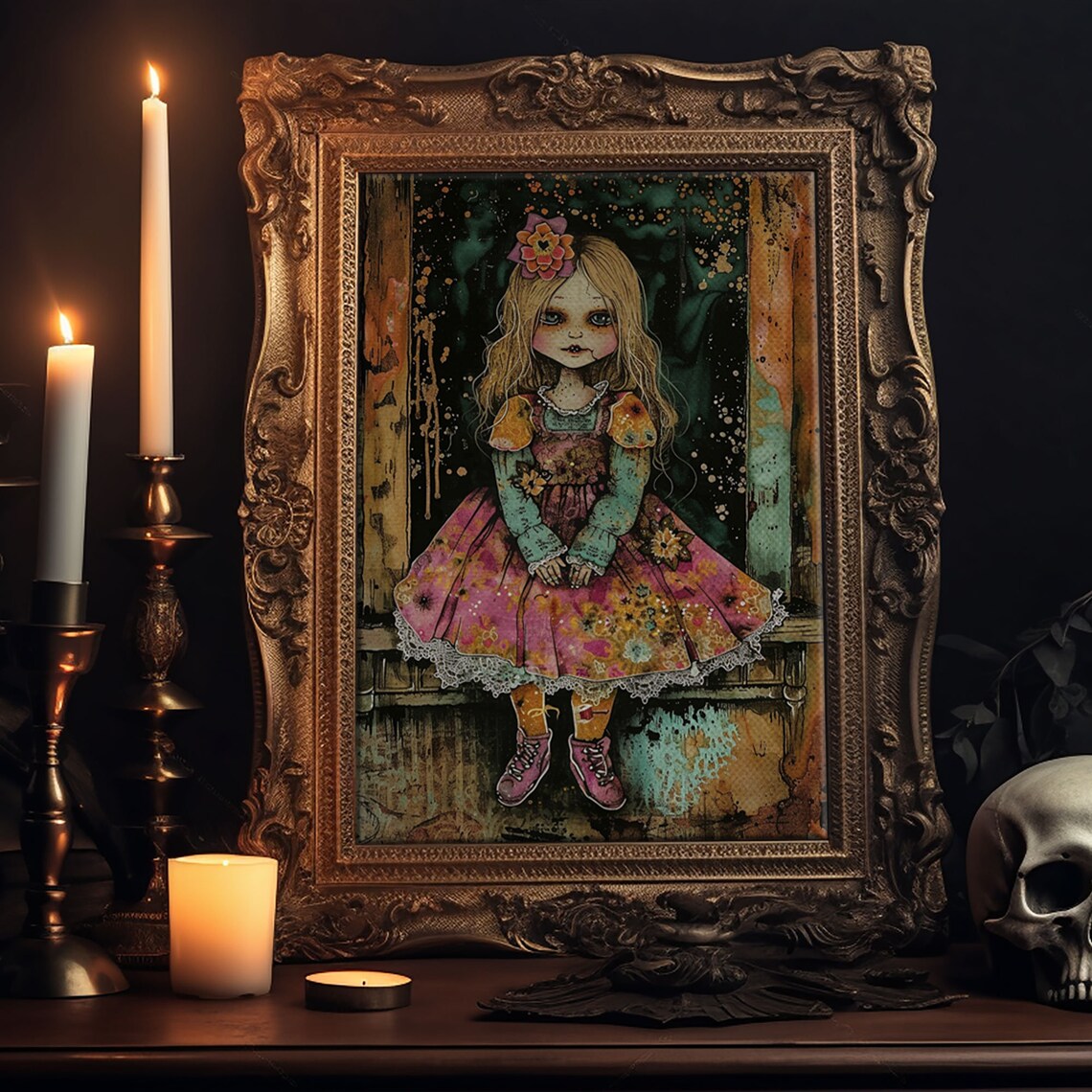 Creepy Doll Girl Pink Floral Dress Vintage Spooky Doll Art Poster - Image 6