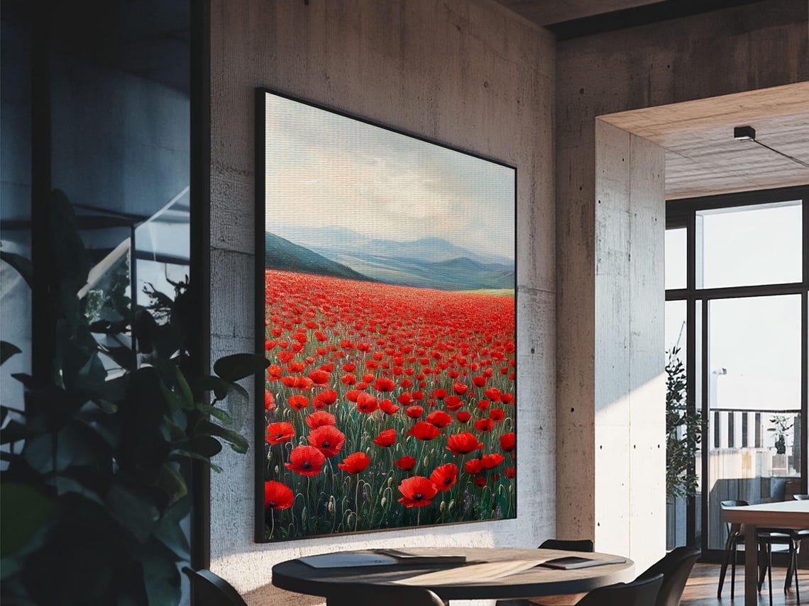 Red Poppy Field Blue Mountains Vast Bloom Rustic Landscape Art Poster - Image 6