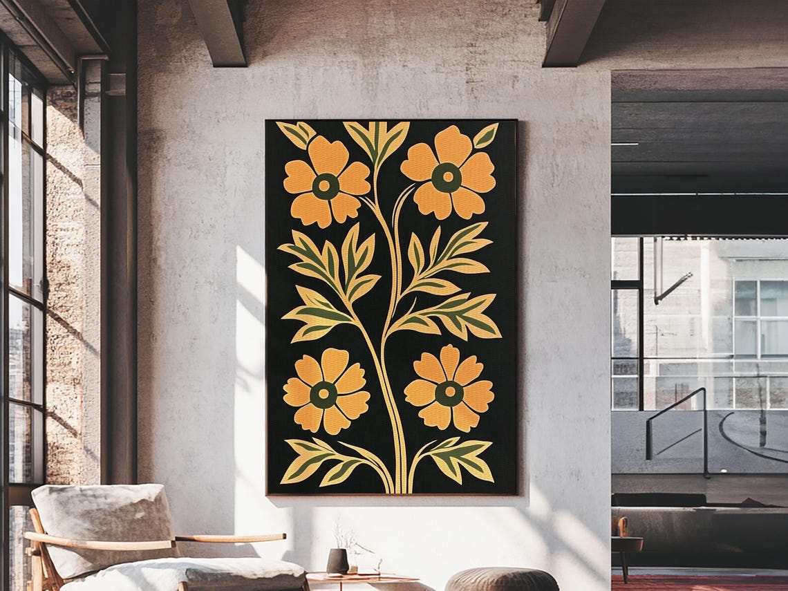 Folk Art Orange Poppy Flowers Black Retro Botanical Wall Poster - Image 3