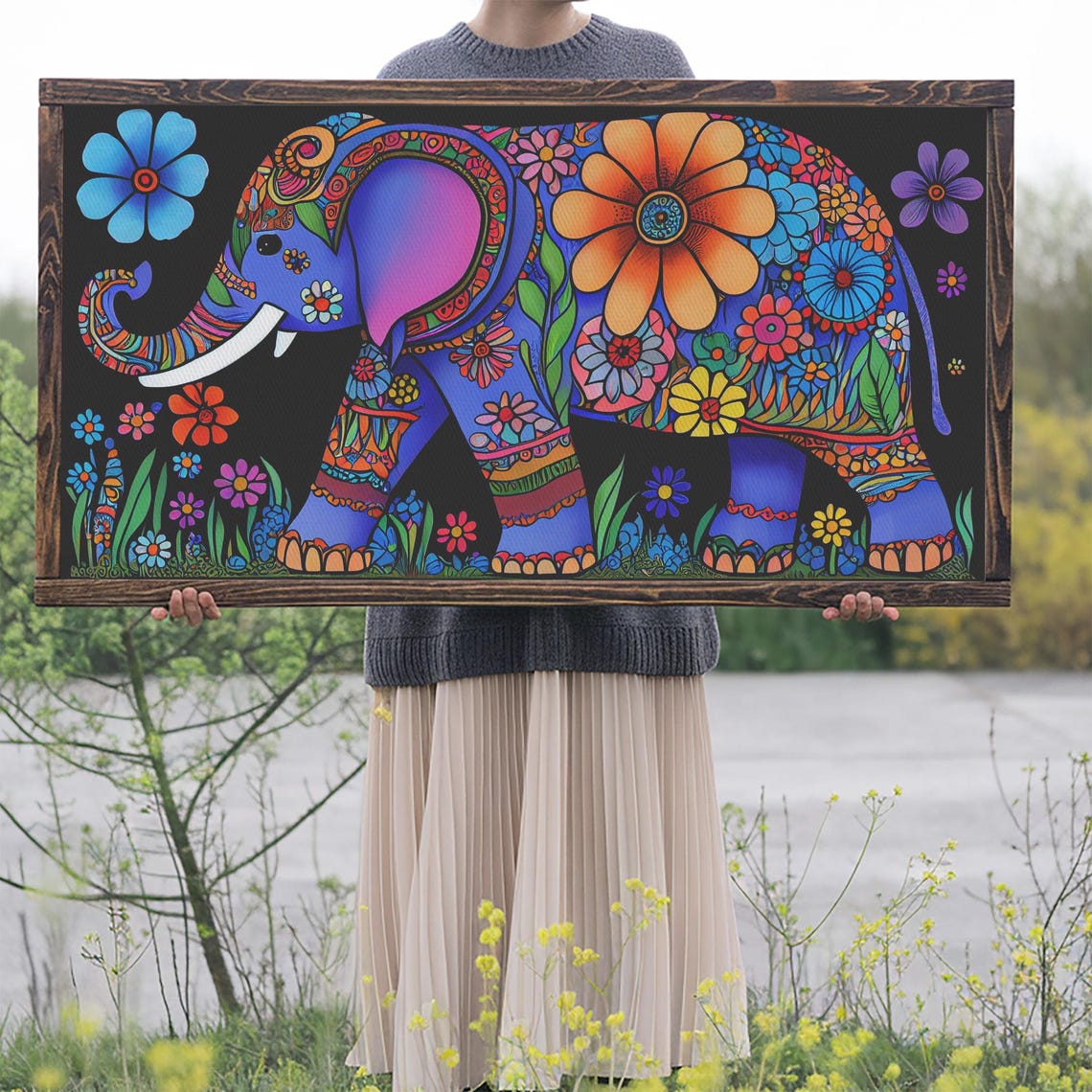 Colorful Indian Style Elephant Floral Psychedelic Decorated Wall Art - Image 2
