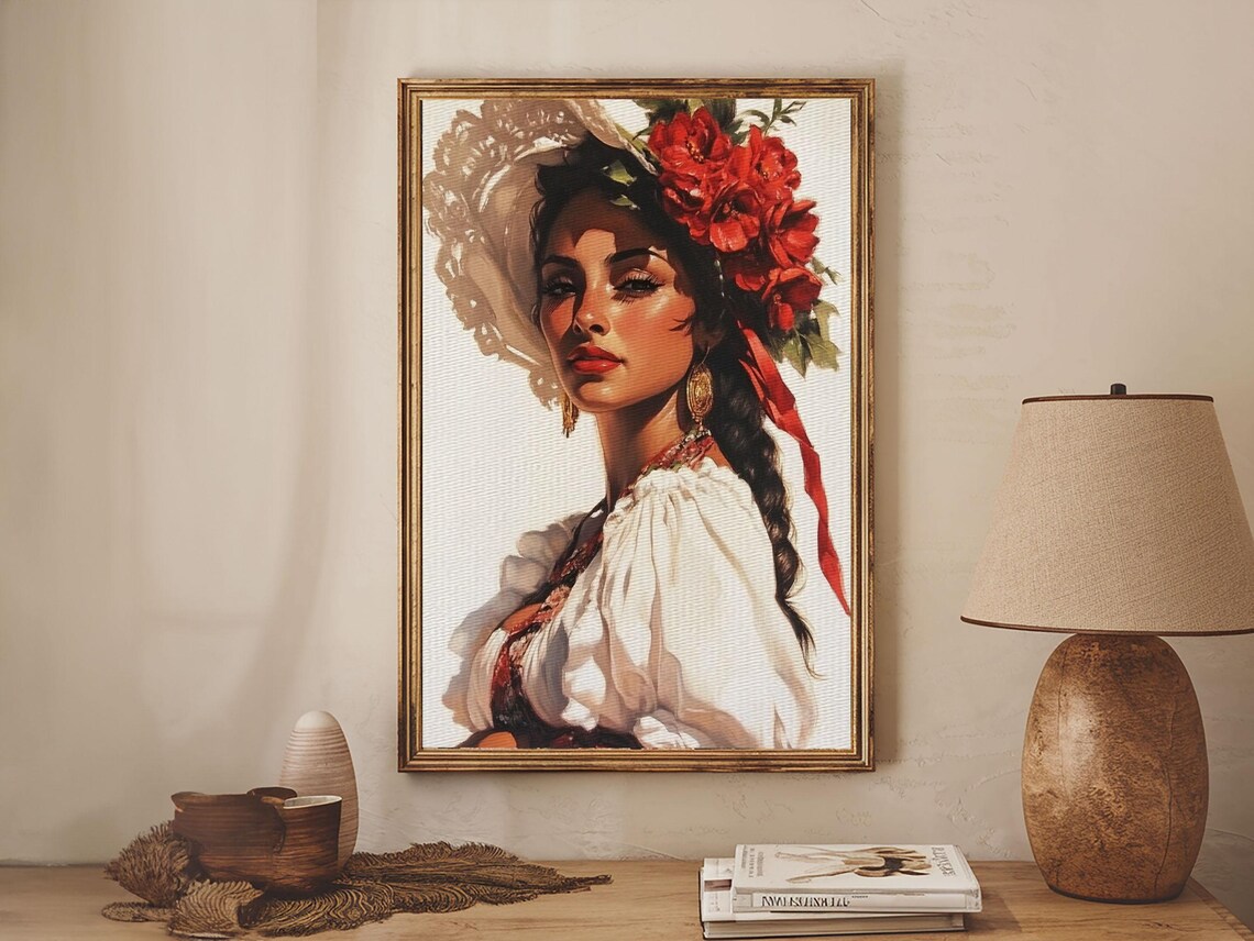 Latina Woman Portrait With Red Flowers In Hair Maximalist Wall Art - Image 2