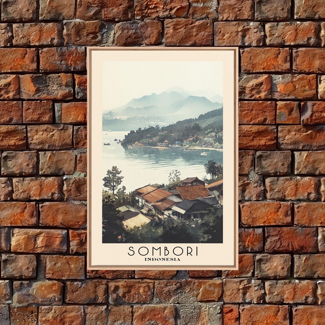 Sombori Indonesia Misty Lake Village Hillside Boats Watercolor Travel Poster - Image 5