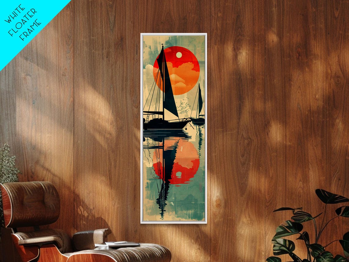 Japanese Sailboat Sunset Reflection Red Sun Calm Waters Poster - Image 3