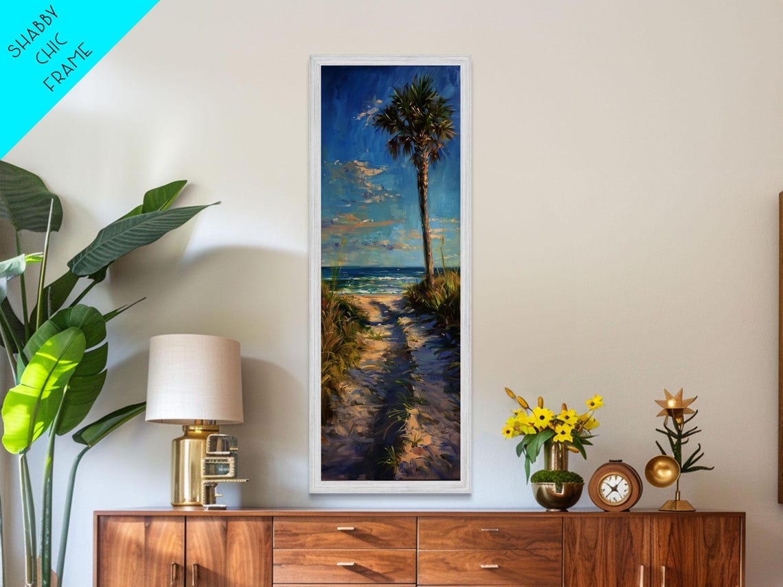 Palm Tree Beach Path Ocean View Golden Hour Coastal Scene Wall Art - Image 3