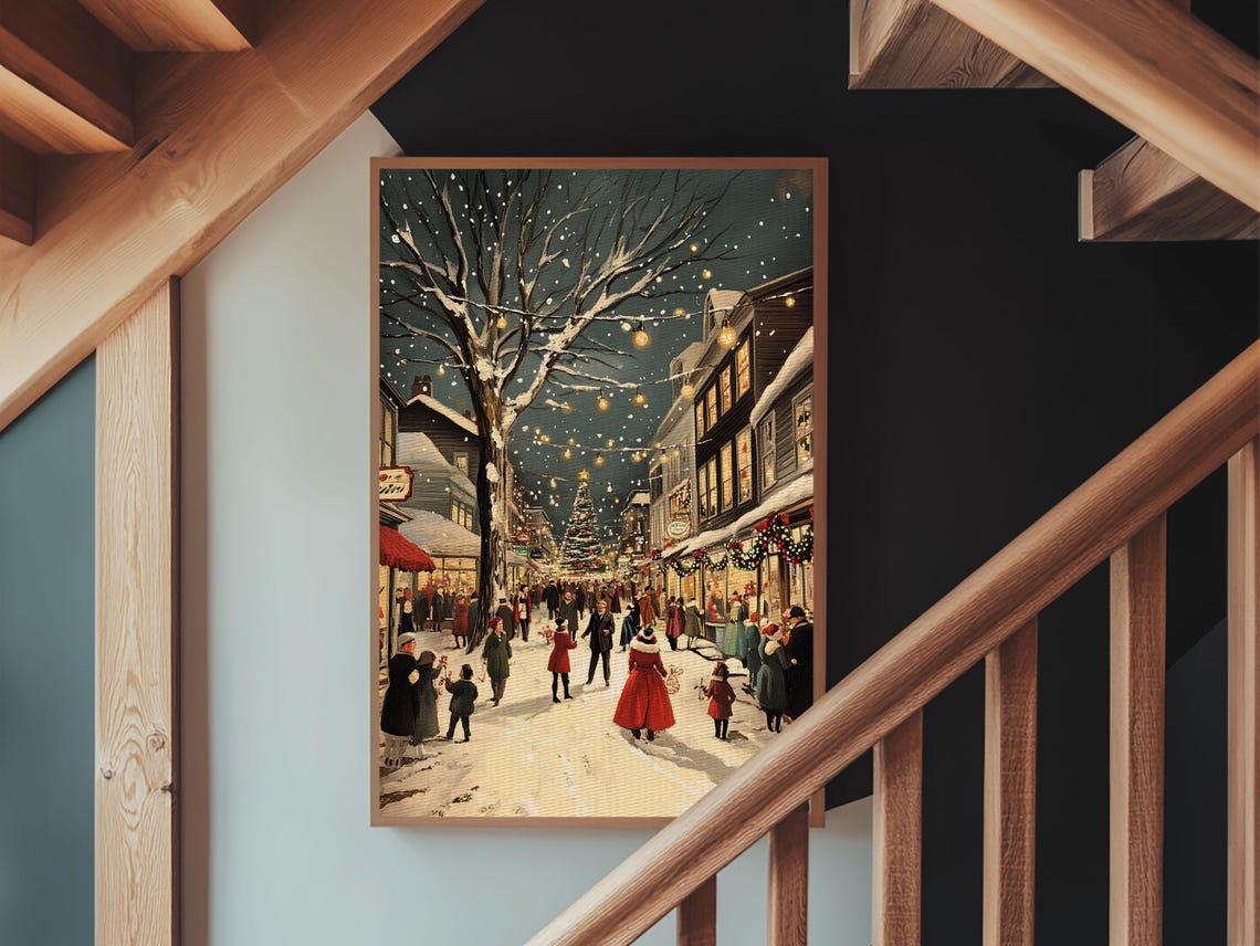 Christmas Eve Town Square Crowd Snowy Night Vintage Painting Poster - Image 6
