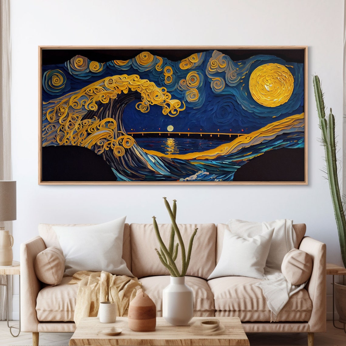 The Wave Abstract Art Framed Print Wood Framed Wall Art Gift Van Gogh Style Art Full Moon - Image 3