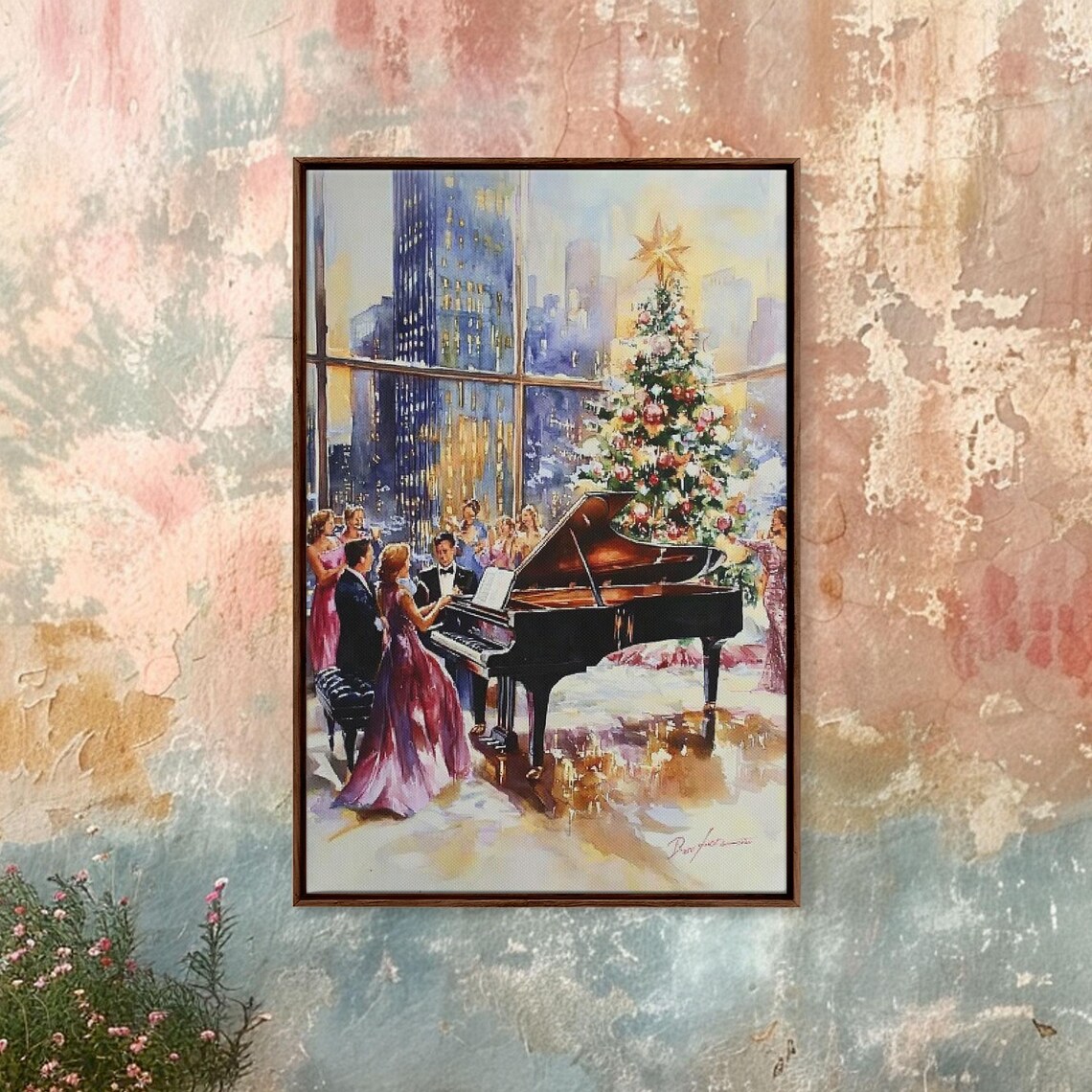Elegant Christmas Grand Piano Party With City Skyline View Poster - Image 3