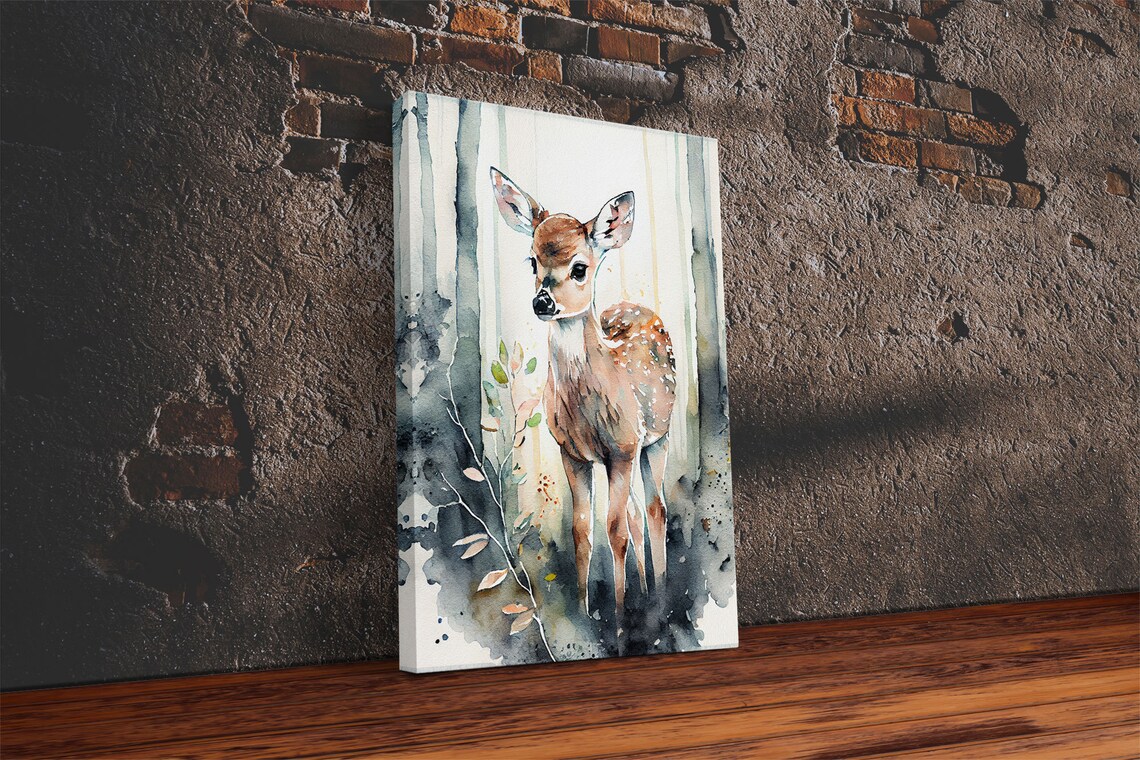 Deer Fawn Watercolor Portrait Misty Forest Birch Trees Animal Print Poster - Image 2