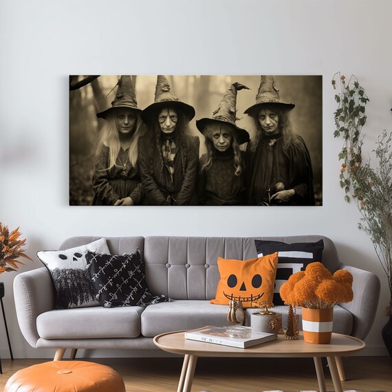 The Coven Four Witches Pointed Hats Vintage Sepia Tintype Halloween Poster