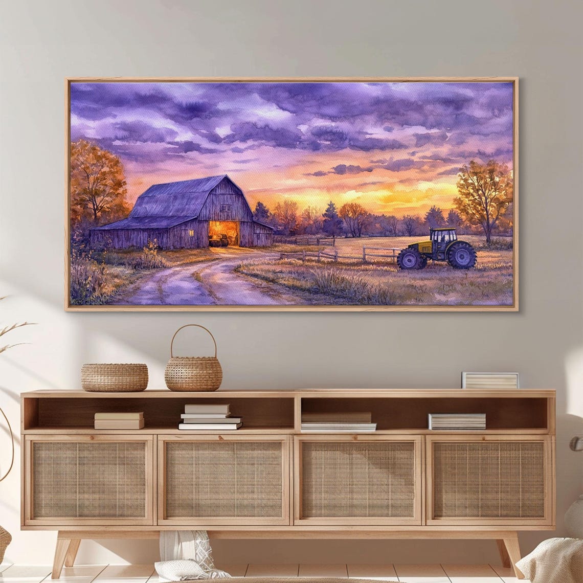 Purple Sunset Sky Barn With Tractor Glowing Farmhouse Art Print - Image 3