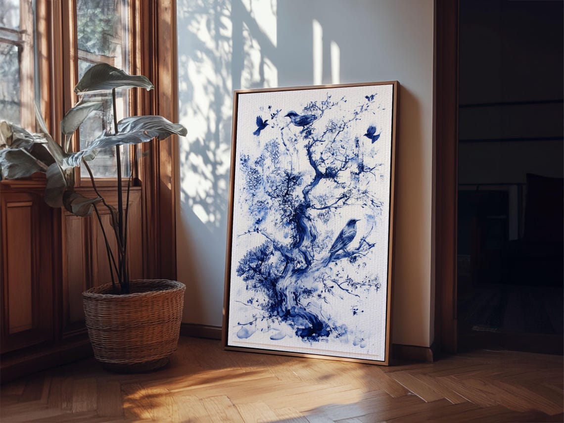 Blue Ink Tree With Birds Chinoiserie Botanical Painting Print - Image 2