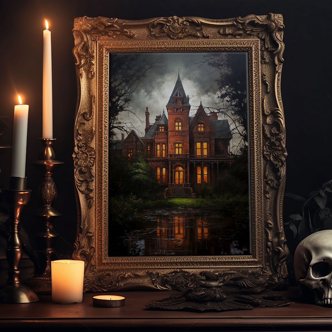 Haunted Victorian Mansion Night Glowing Windows Dark Gothic Art Poster - Image 5