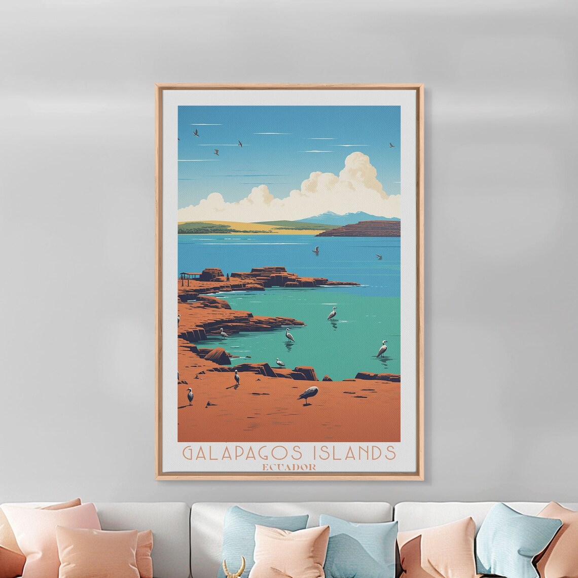 Galapagos Islands Ecuador Rocky Shore Seabirds Bay View Travel Poster - Image 3