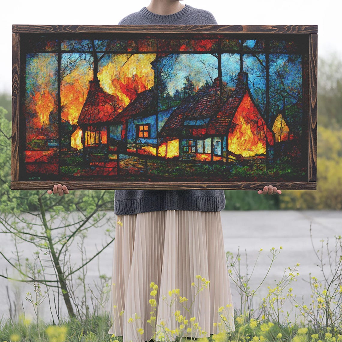 Stained Glass Cottage On Fire Night Scene Bold Fiery Gothic Art Poster - Image 2
