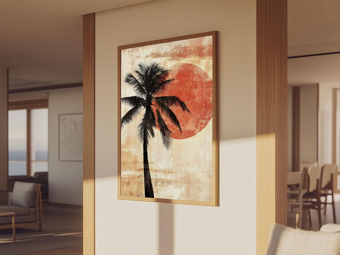 Black Palm Tree Silhouette Against Red Sun Vintage Beach Poster