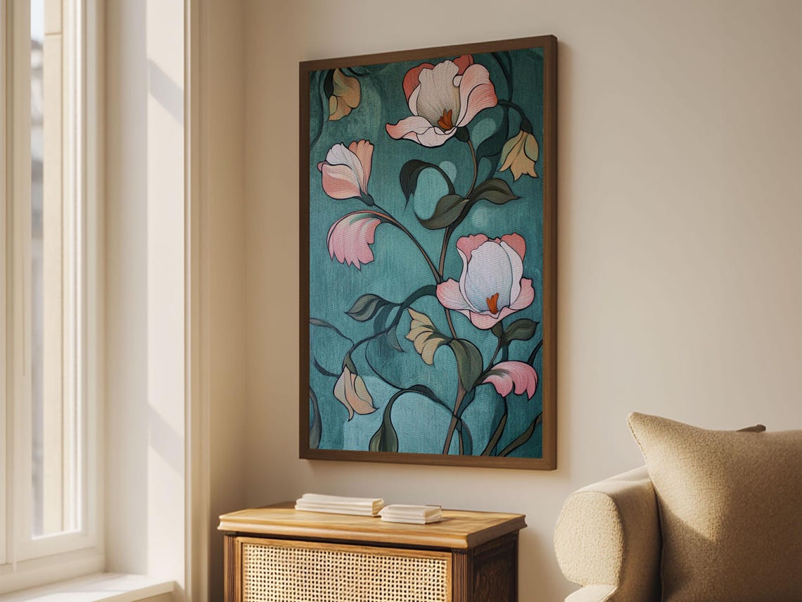 Pink Roses Teal Background Botanical Floral Elegant Wall Art Poster - Image 3