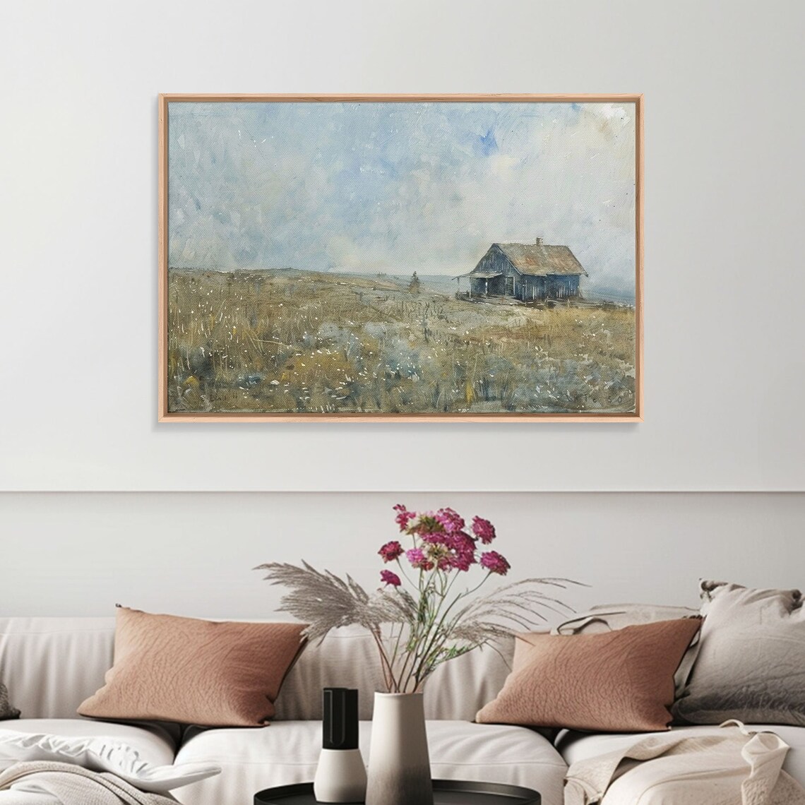 Misty Hilltop Cabin Watercolor Minimalist Muted Farmhouse Art Poster - Image 3