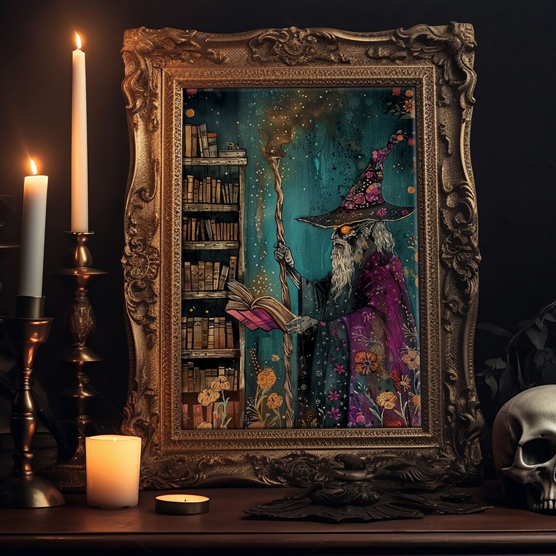 Halloween Eerie Wizard in Haunted Library, Gothic Art - Image 6