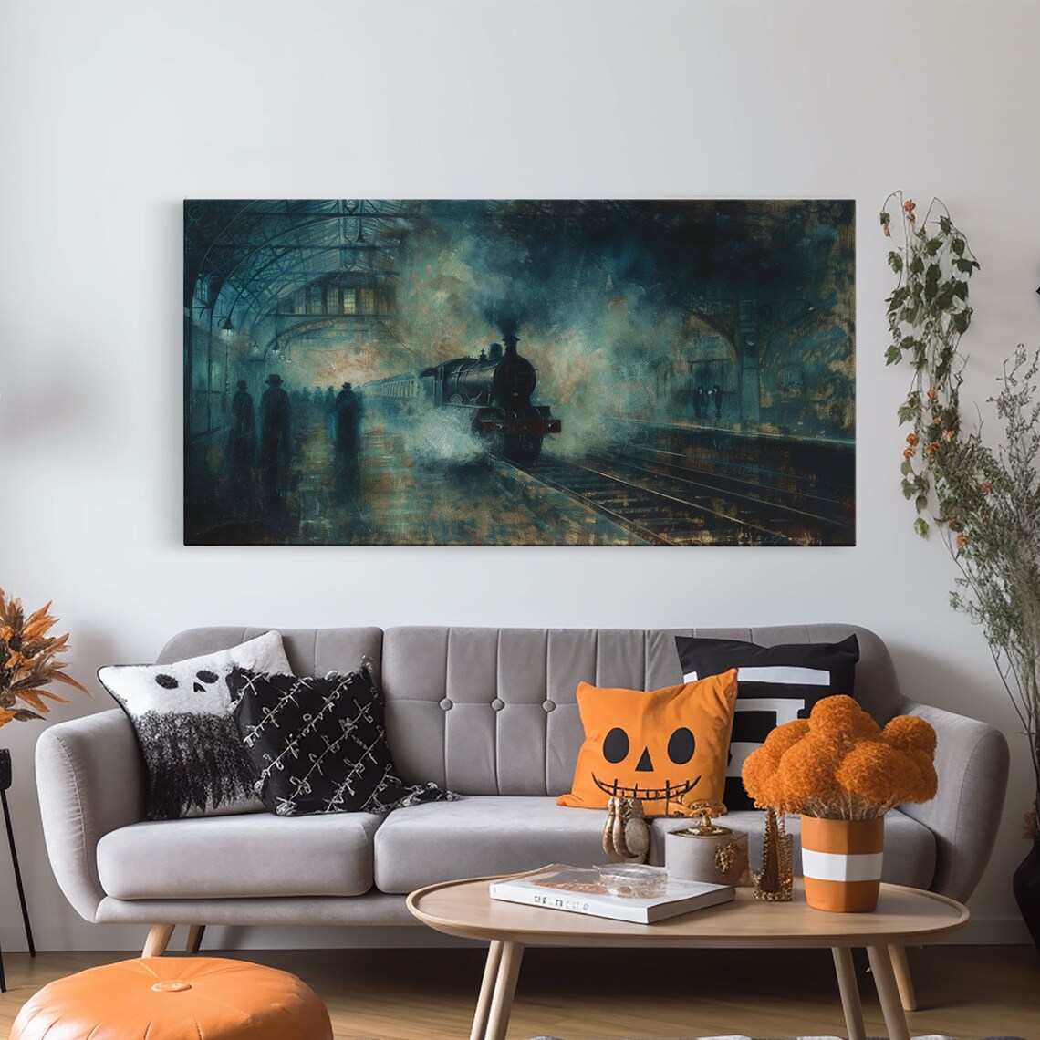 Haunted Steam Train Misty Victorian Station Night Spooky Halloween Wall Art - Image 5