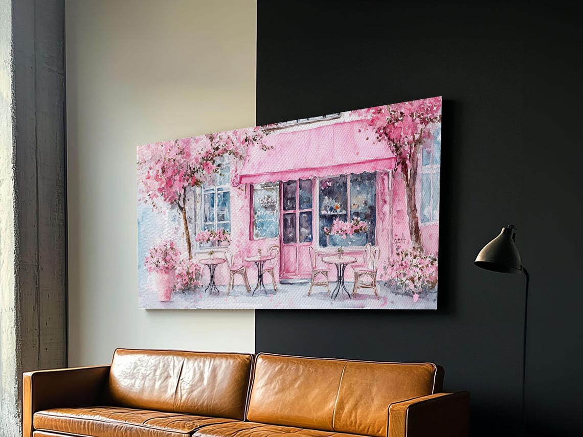 Pink Parisian Cafe Cherry Blossom Watercolor Bistro Street Art Poster - Image 3