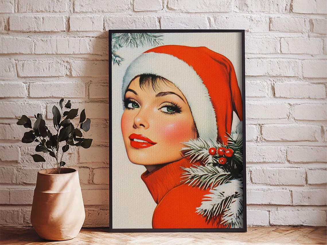 1950s Christmas Pin Up Woman In Santa Hat Retro Holiday Wall Art - Image 6