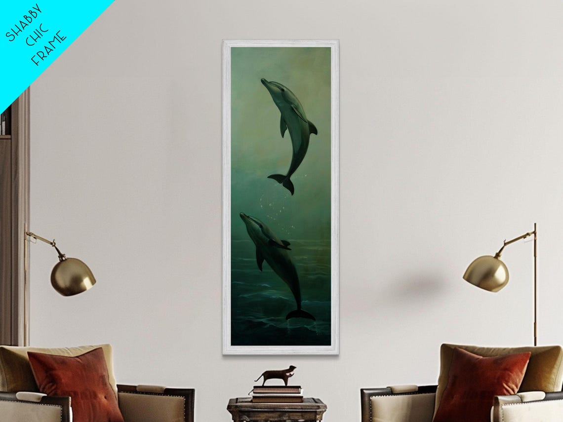 Two Dolphins Swimming Upward In Soft Green Ocean Water Serene Poster - Image 3