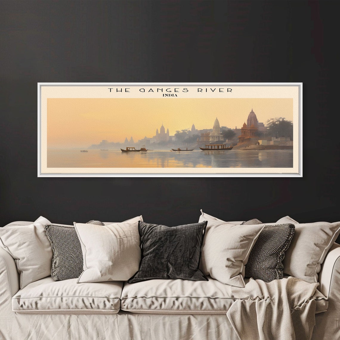 Ganges River India Sunrise Boats Temple Ghats Panoramic Travel Poster