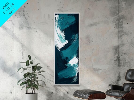Teal Ocean Waves Tall Vertical White Brushstroke Abstract Coastal Poster