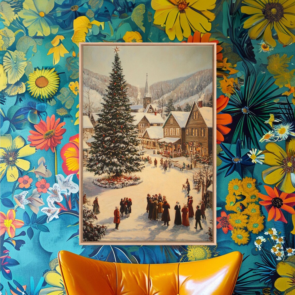 Victorian Christmas Village Snowy Tree And Church Square Poster
