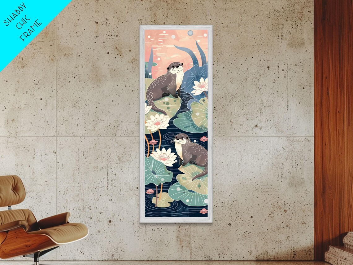 Playful Otters Lily Pad Pond Floral Cute Tall Vertical Art Print - Image 6