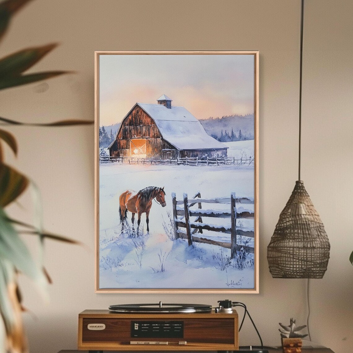 Horse In Snowy Pasture Before Barn At Dusk Winter Farm Poster - Image 3
