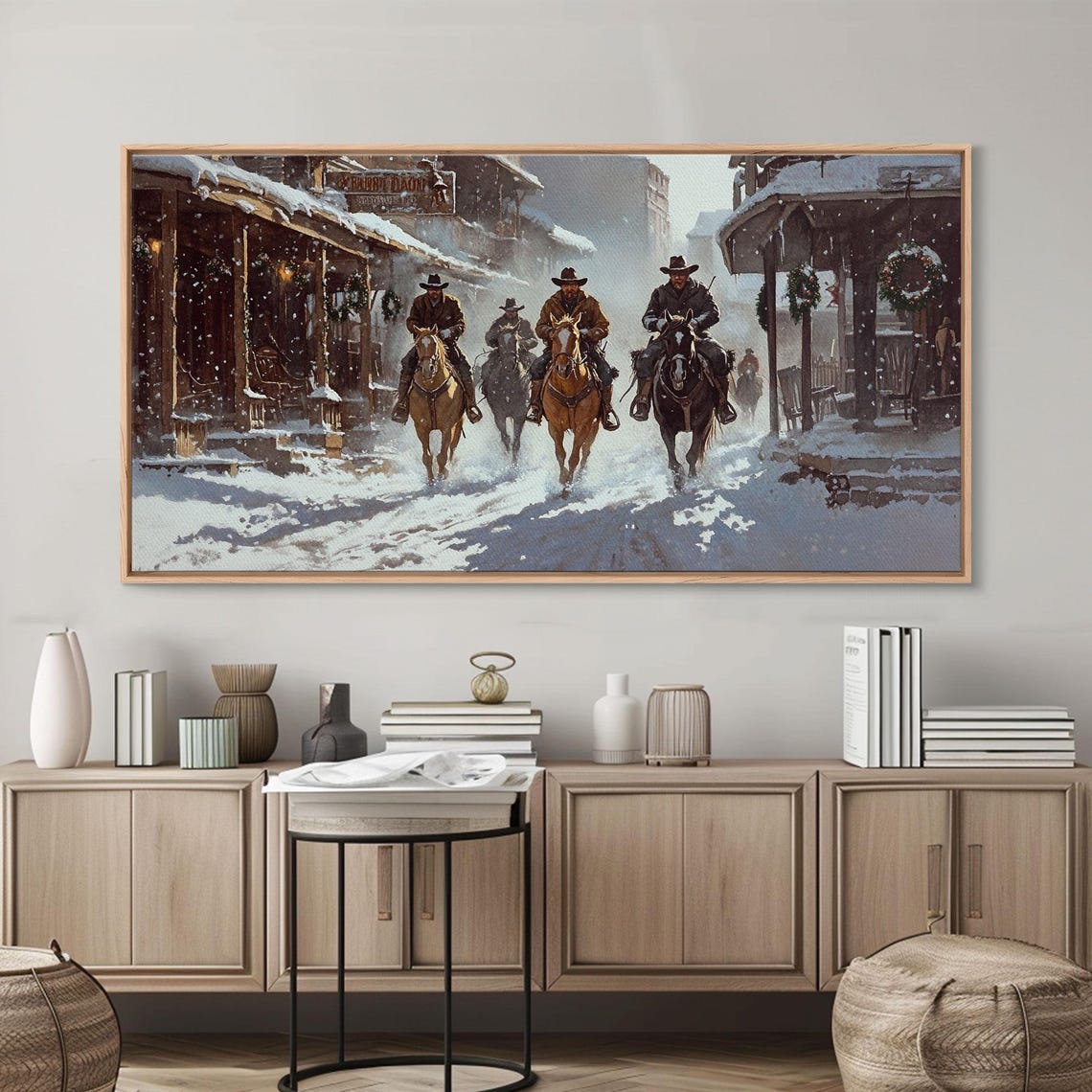 Cowboys Riding Through Snowy Christmas Western Town Art Print - Image 4
