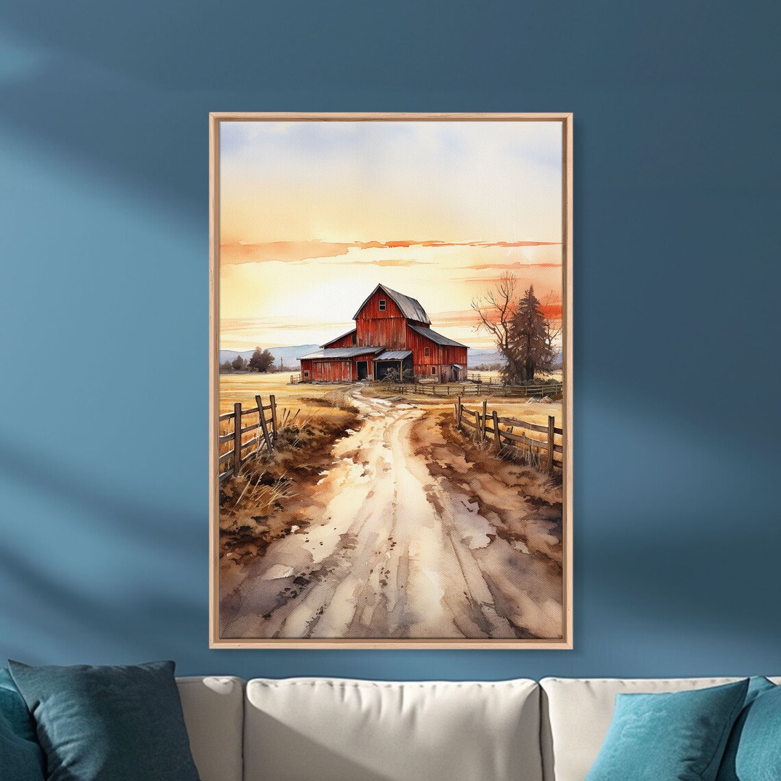 Sunset Over A Red Barn, Watercolor Country Print