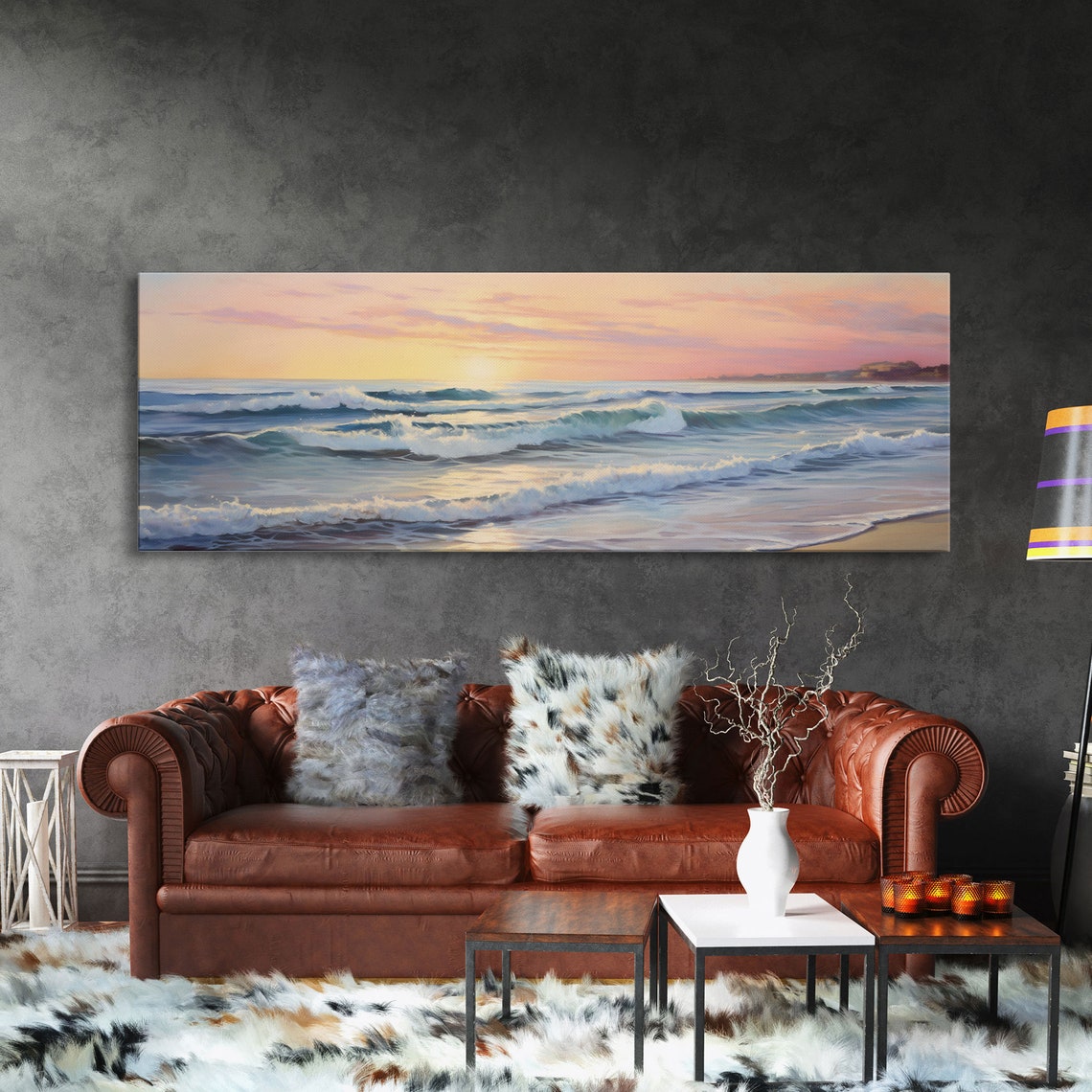 Ocean Waves Sunset Pink Sky Soft Pastel Surf Beach Wall Art Print - Image 3