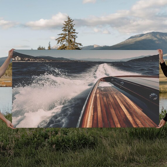 Speedboat Wake Rushing Past Rocky Coastline Town Dusk Photo Print