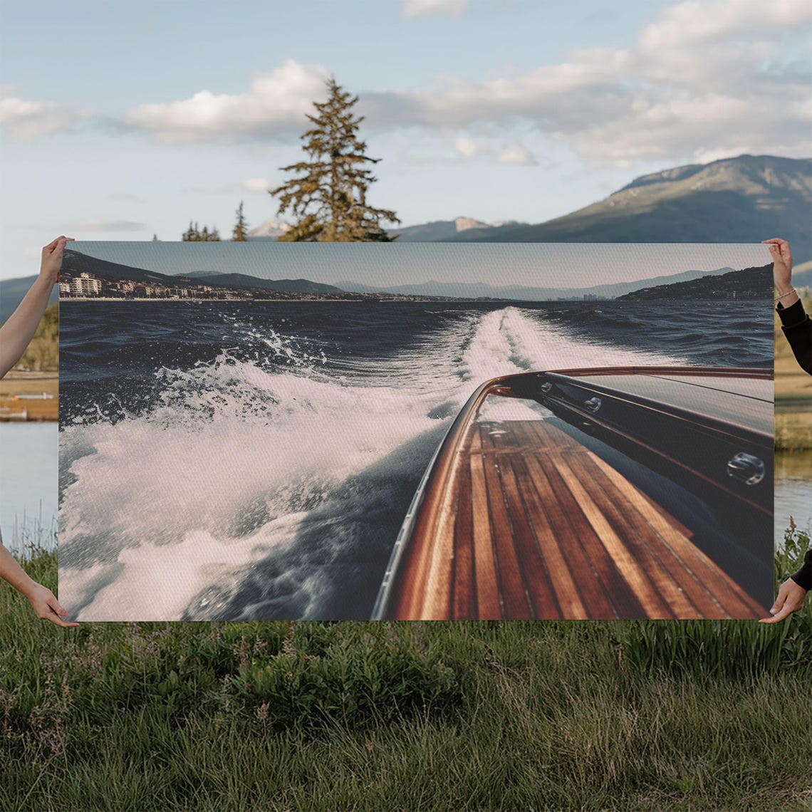 Speedboat Wake Rushing Past Rocky Coastline Town Dusk Photo Print