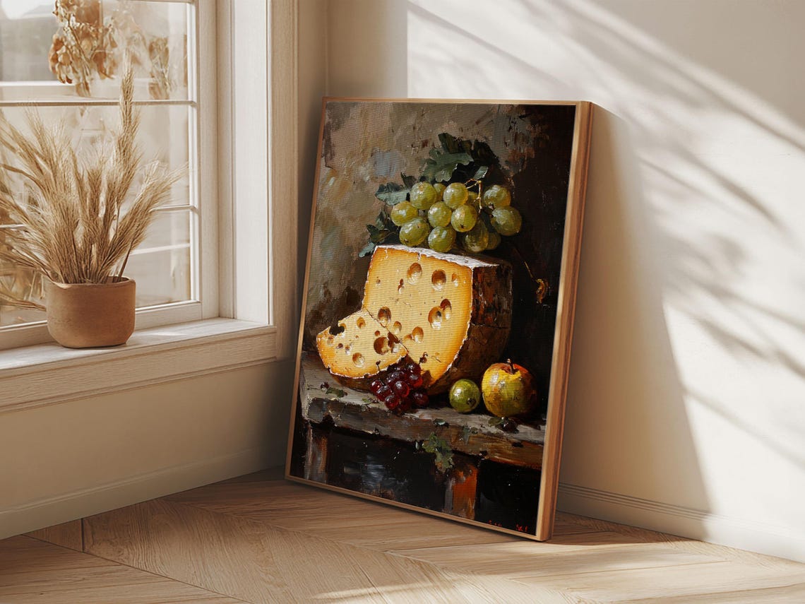 Rustic Cheese and Grapes Still Life Oil Painting Kitchen Wall Poster - Image 4