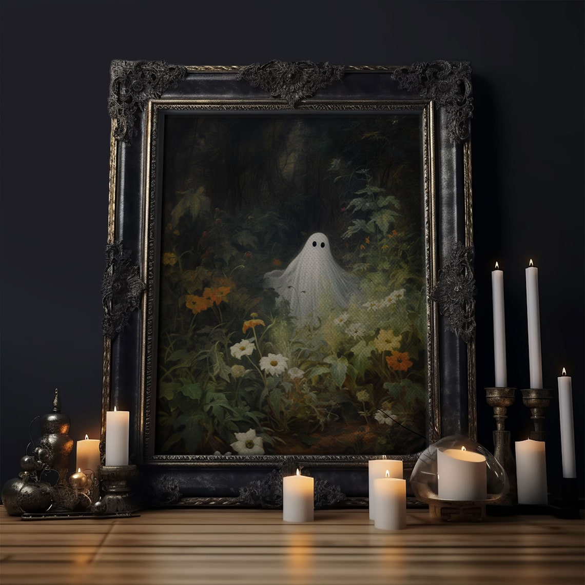 Little Ghost Among Wildflowers In Dark Enchanted Forest Wall Art