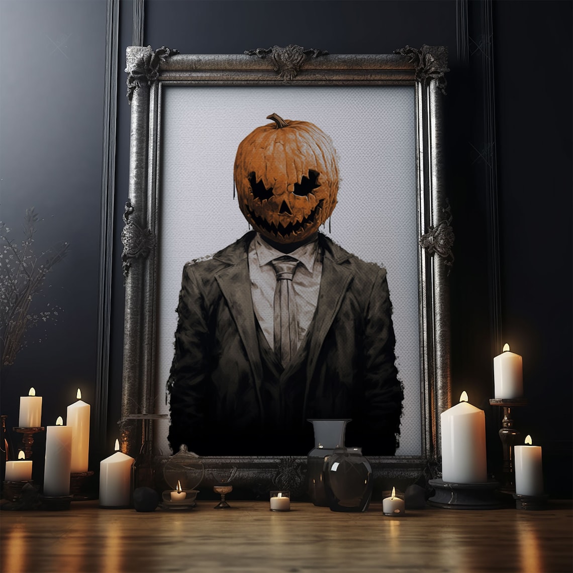 Jack O Lantern Head Man In Business Suit Vintage Halloween Portrait Print - Image 4