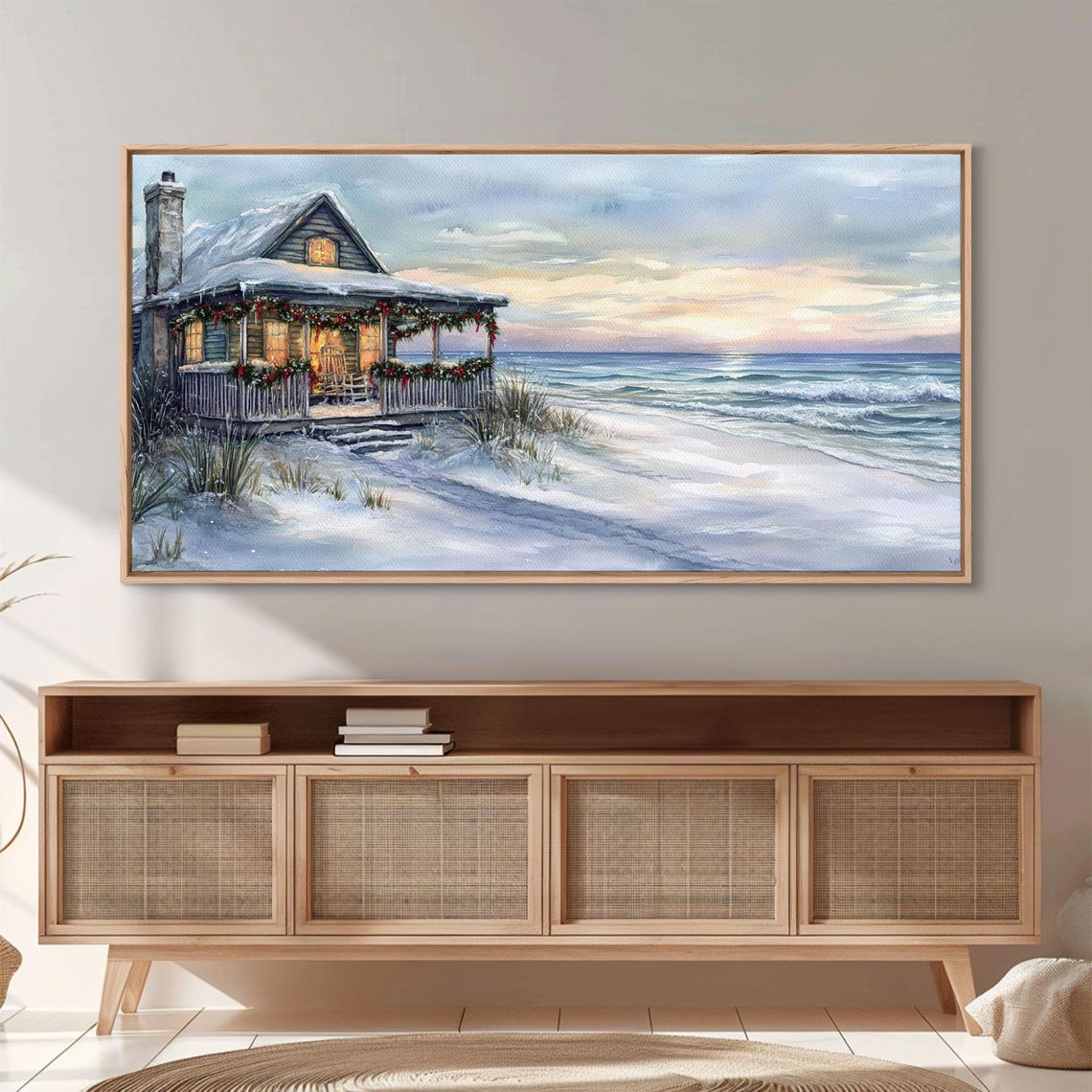 Snowy Beach Cottage Christmas Garland Porch Ocean Sunset Art Print - Image 5