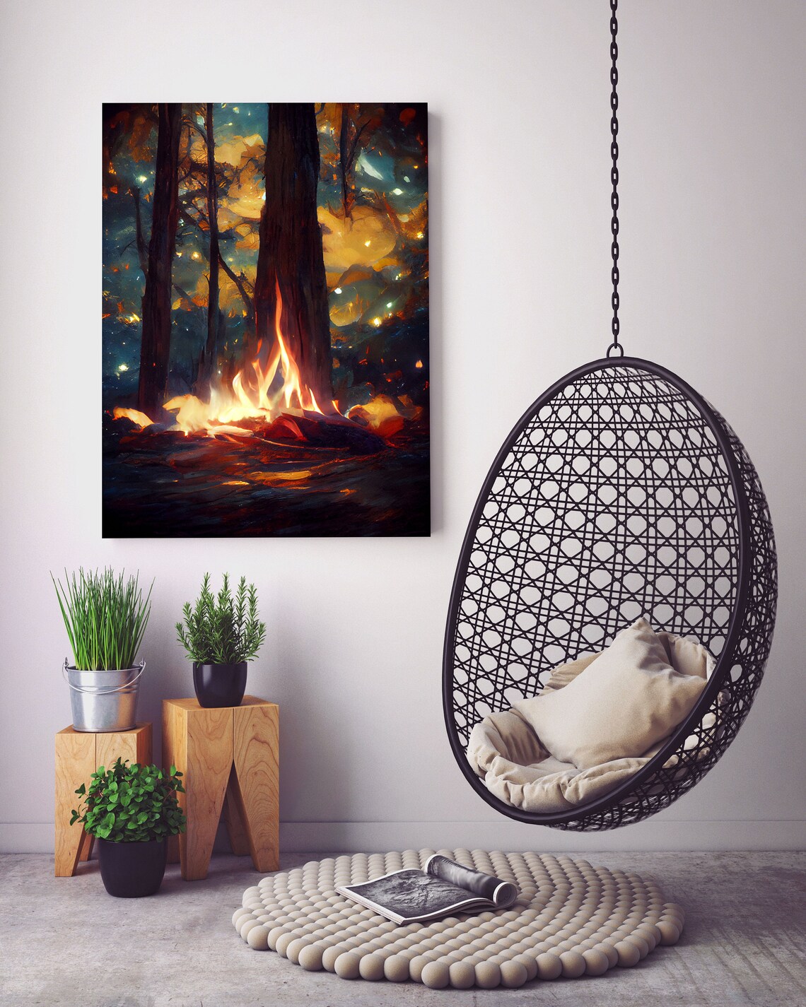 Night Stars Campfire in Woods, Tree Landscape Art Print - Image 5