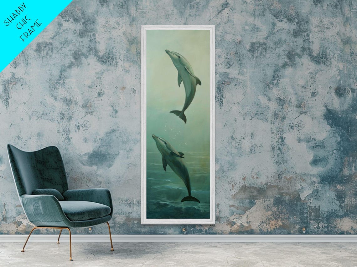 Two Dolphins Swimming Upward In Soft Green Ocean Water Serene Poster - Image 2