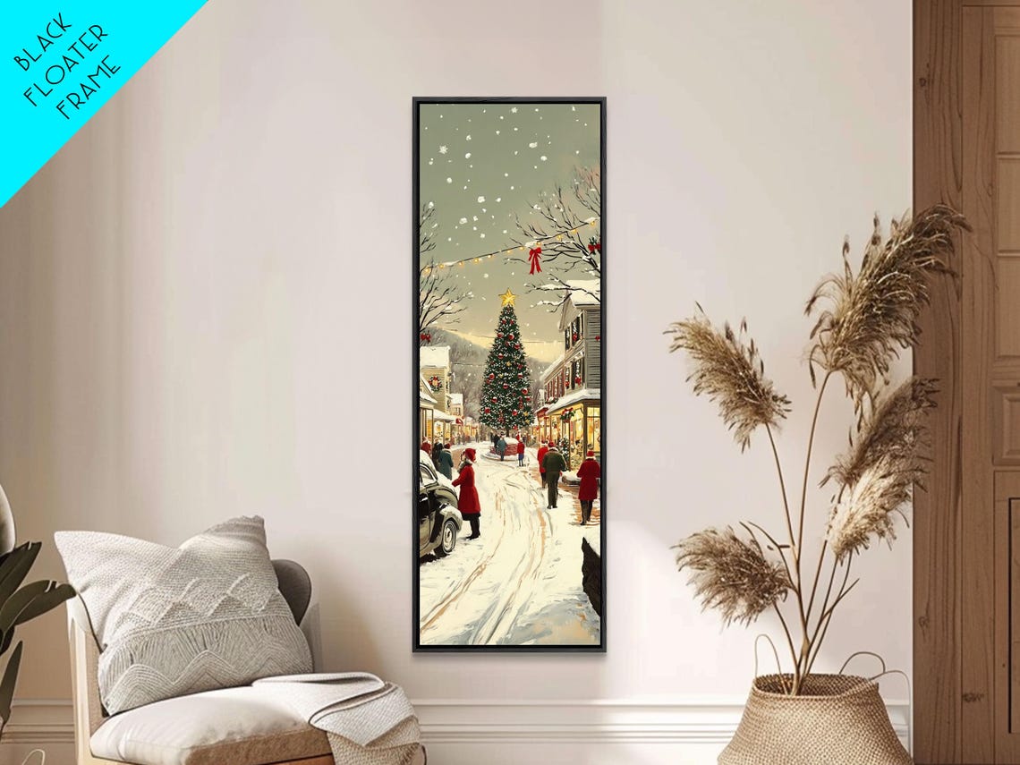 Snowy Christmas Market Street Tree Lights Festive Night Wall Art - Image 2