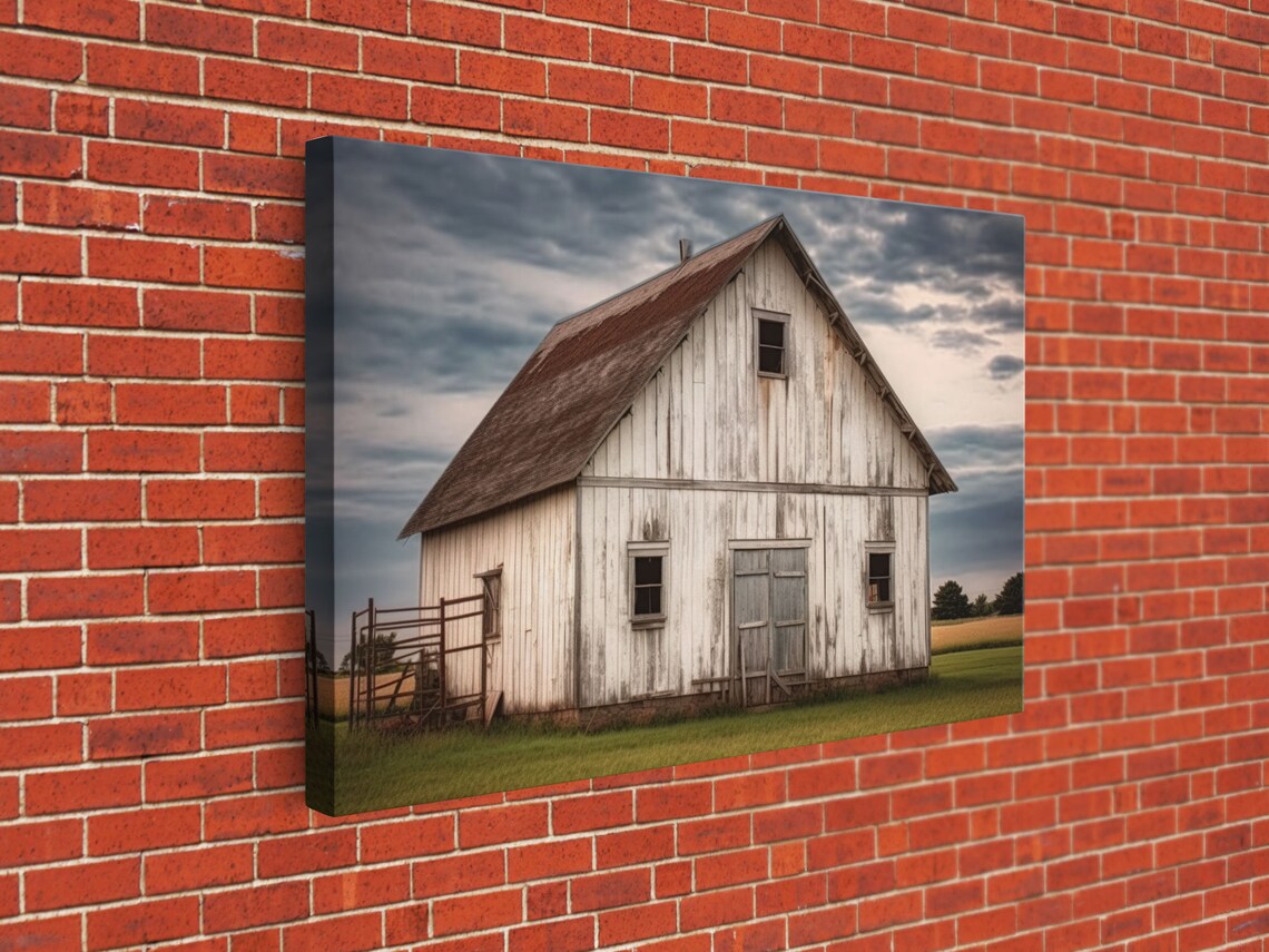 Rustic Farmhouse White Barn Landscape Art Print - Image 2
