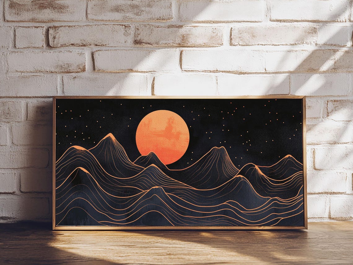 Art Deco Style Abstract Art Orange Blood Moon Over Mountain Landscape Retro Home Decor - Image 6