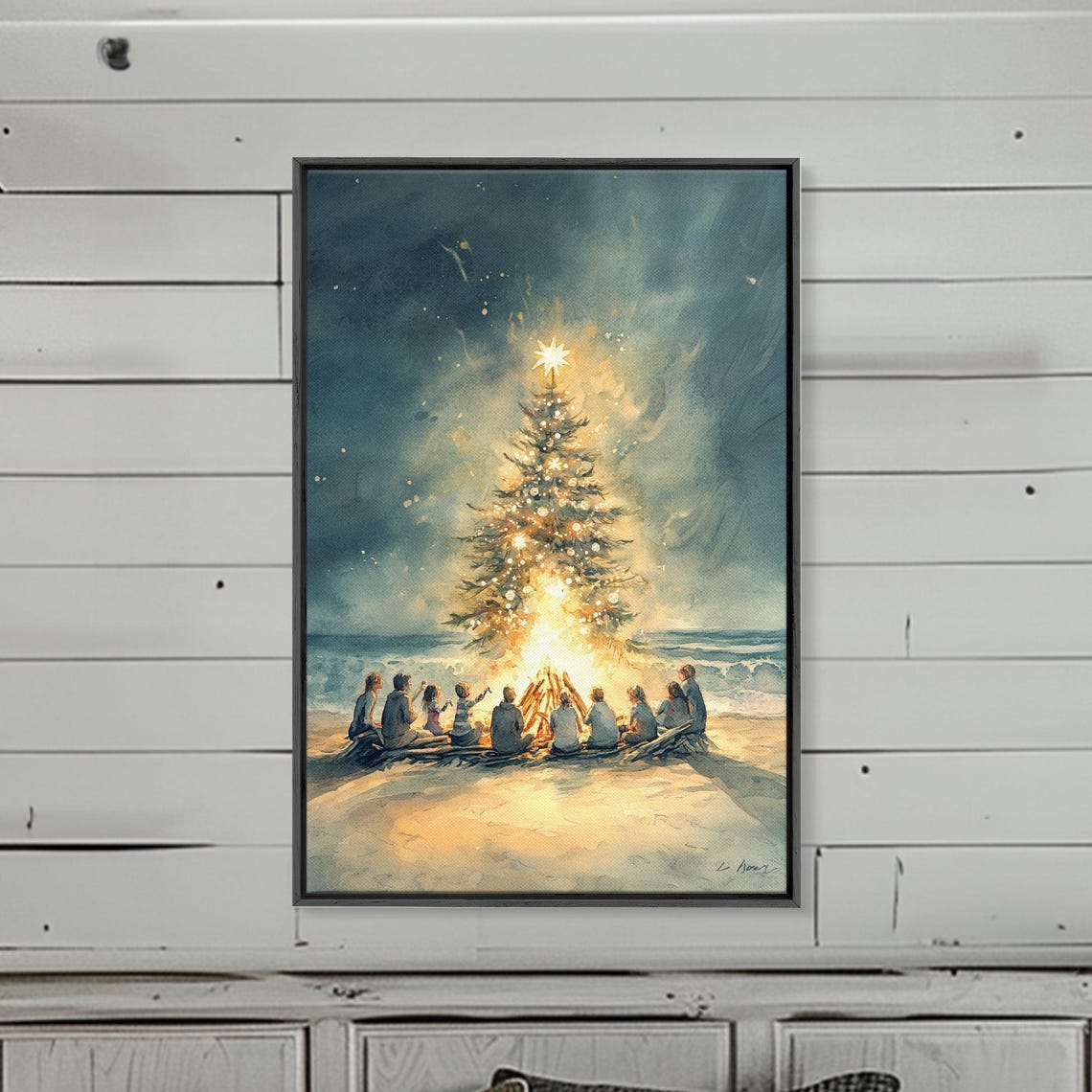 Christmas Beach Bonfire With Glowing Tree At Night Watercolor Poster