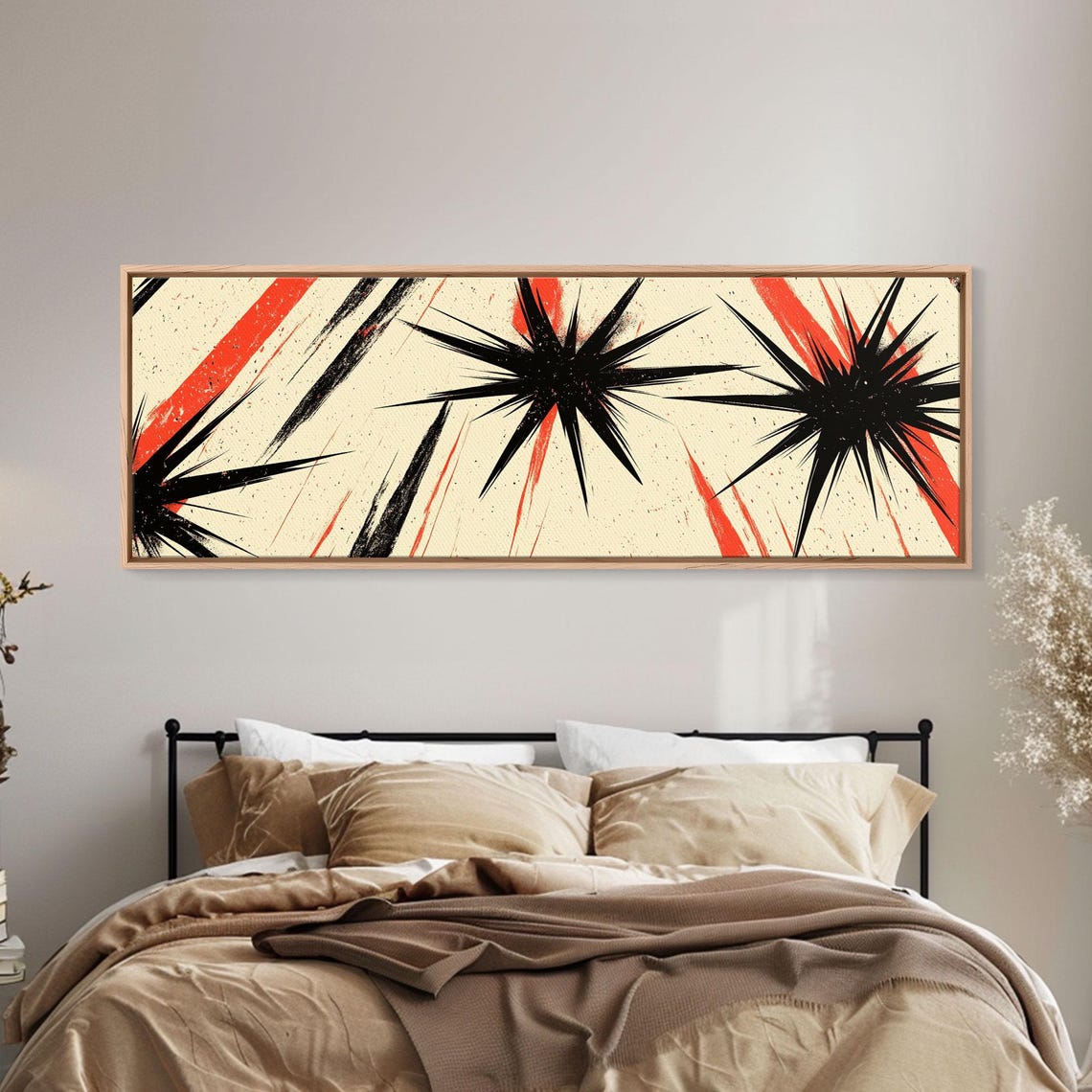 Black Starbursts With Red Streaks Mid Century Modern Abstract Poster