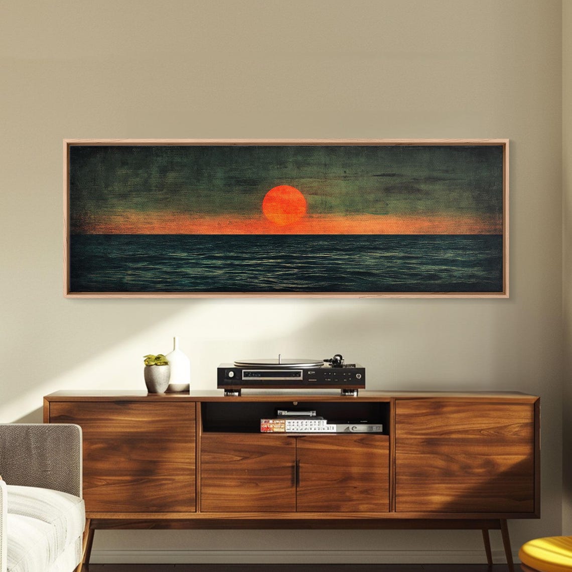 Embers Of The Horizon Sunset Panoramic Red Sun Teal Sea Moody Wall Art