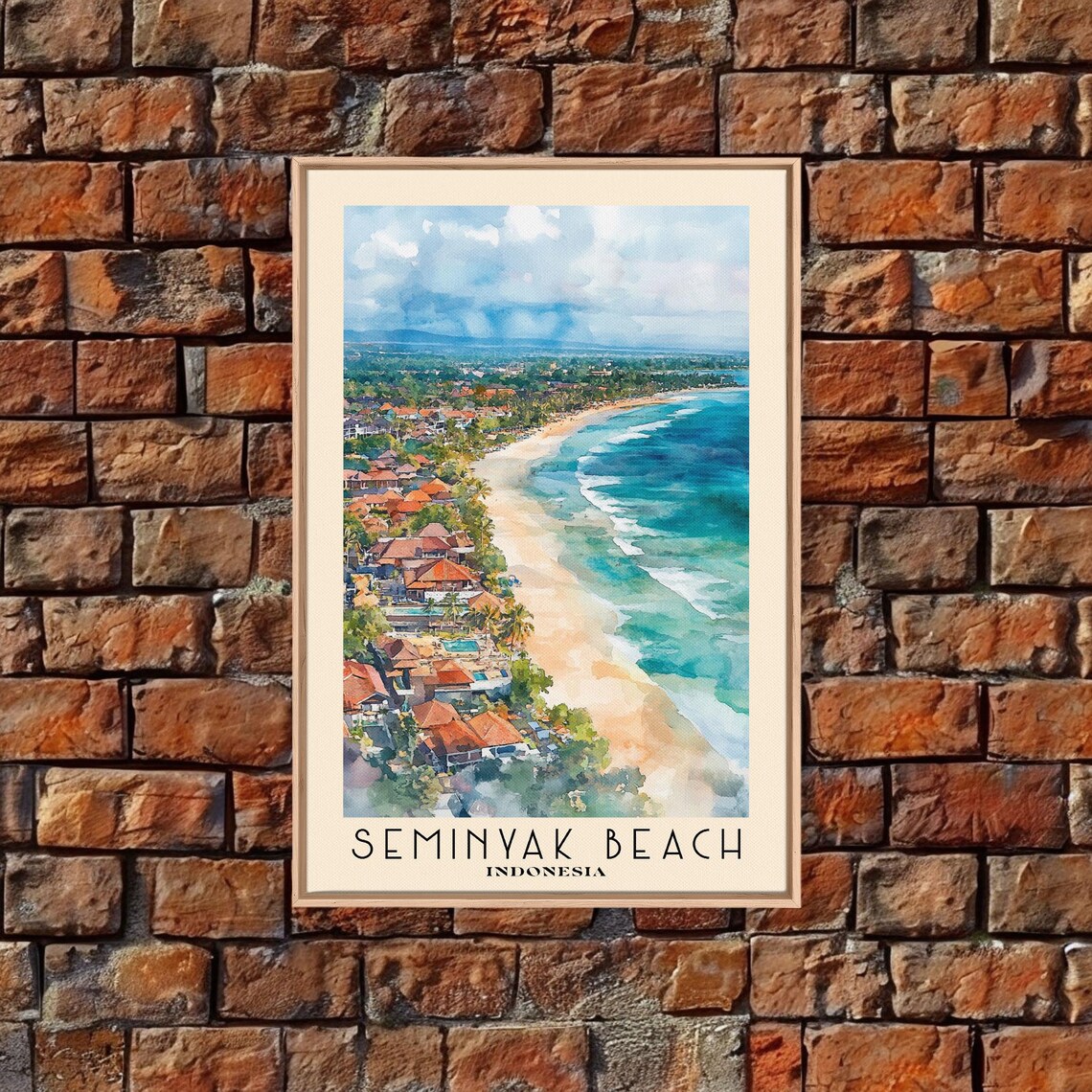 Seminyak Beach Indonesia Aerial Surf Coast Beachfront Village Watercolor Poster - Image 4
